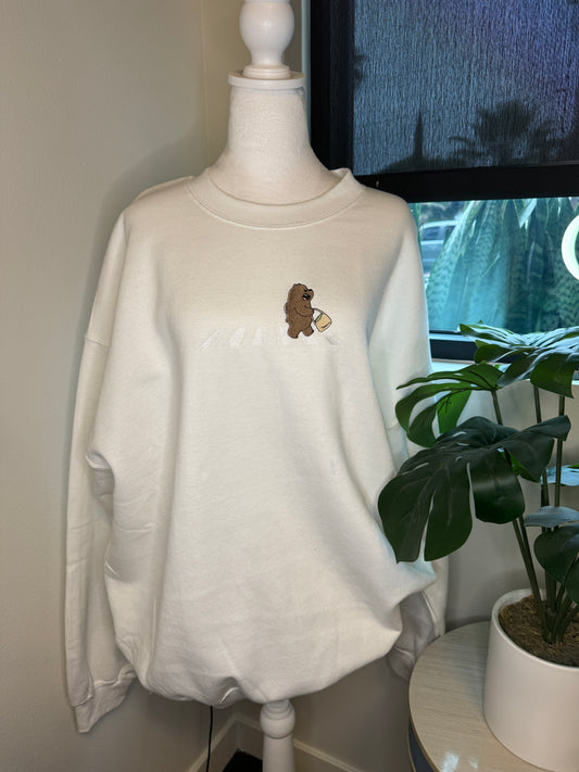 Brown Bear Embroidered Crew White 2XL CLEARANCE